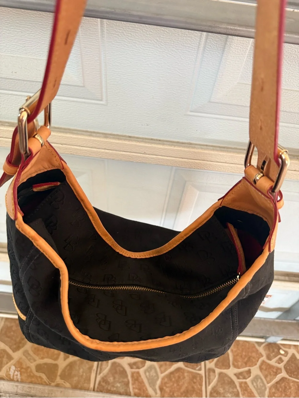 Dooney & Bourke Black Hobo with Tan Leather Trim